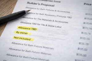 Builder proposal showing allowance and scope exclusions reviewed during custom home planning