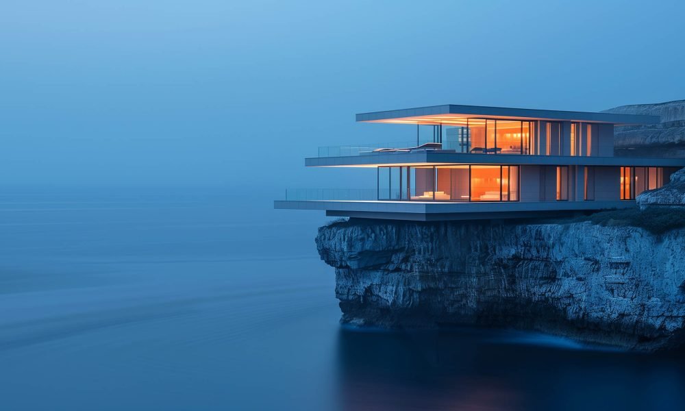 Contemporary Cliffside House at Twilight