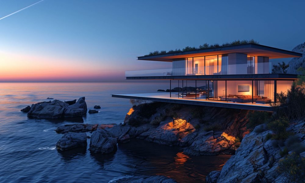 Modern Architectural House on Rocky Coast at Twilight